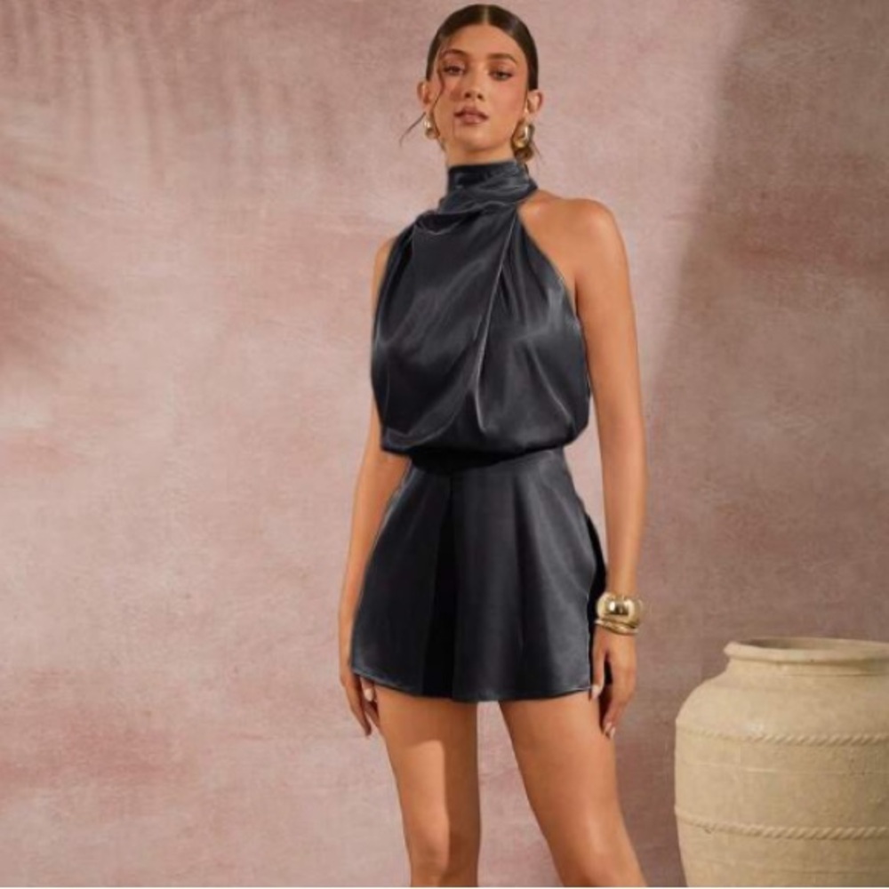 Haute Asymmetrical Mock Neck Draped Front Satin Jumpsuit